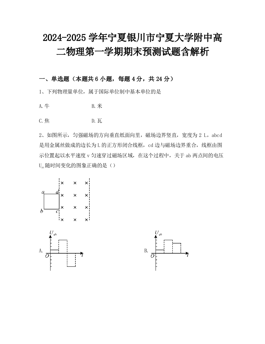 2024-2025学年宁夏银川市宁夏大学附中高二物理第一学期期末预测试题含解析