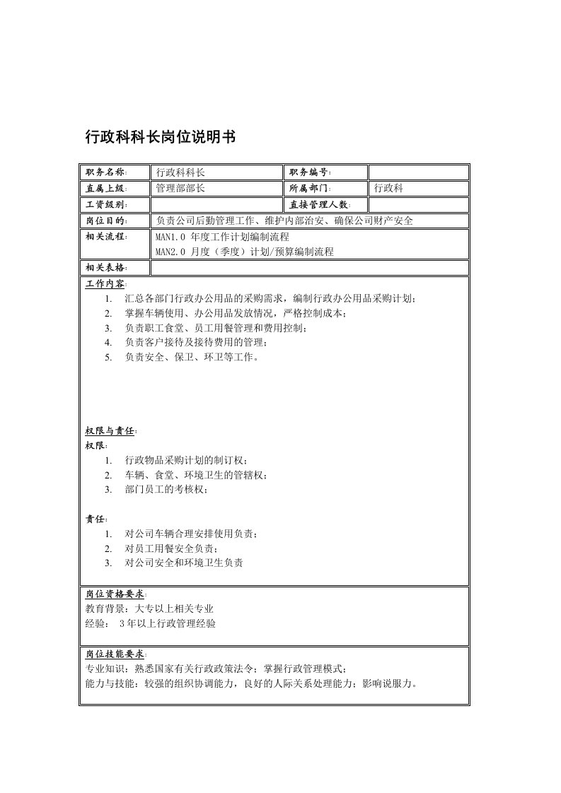 电子行业-联信光电子公司行政科科长岗位说明书