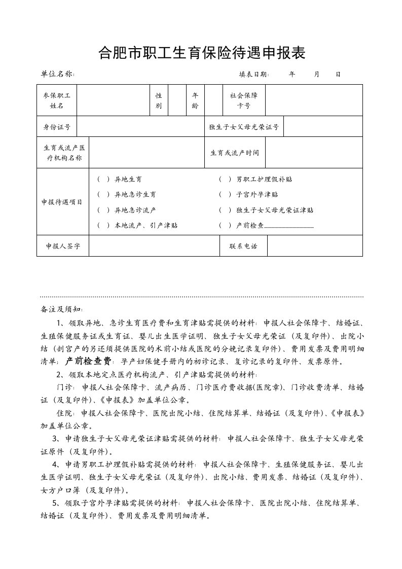 合肥市职工生育保险待遇申报表