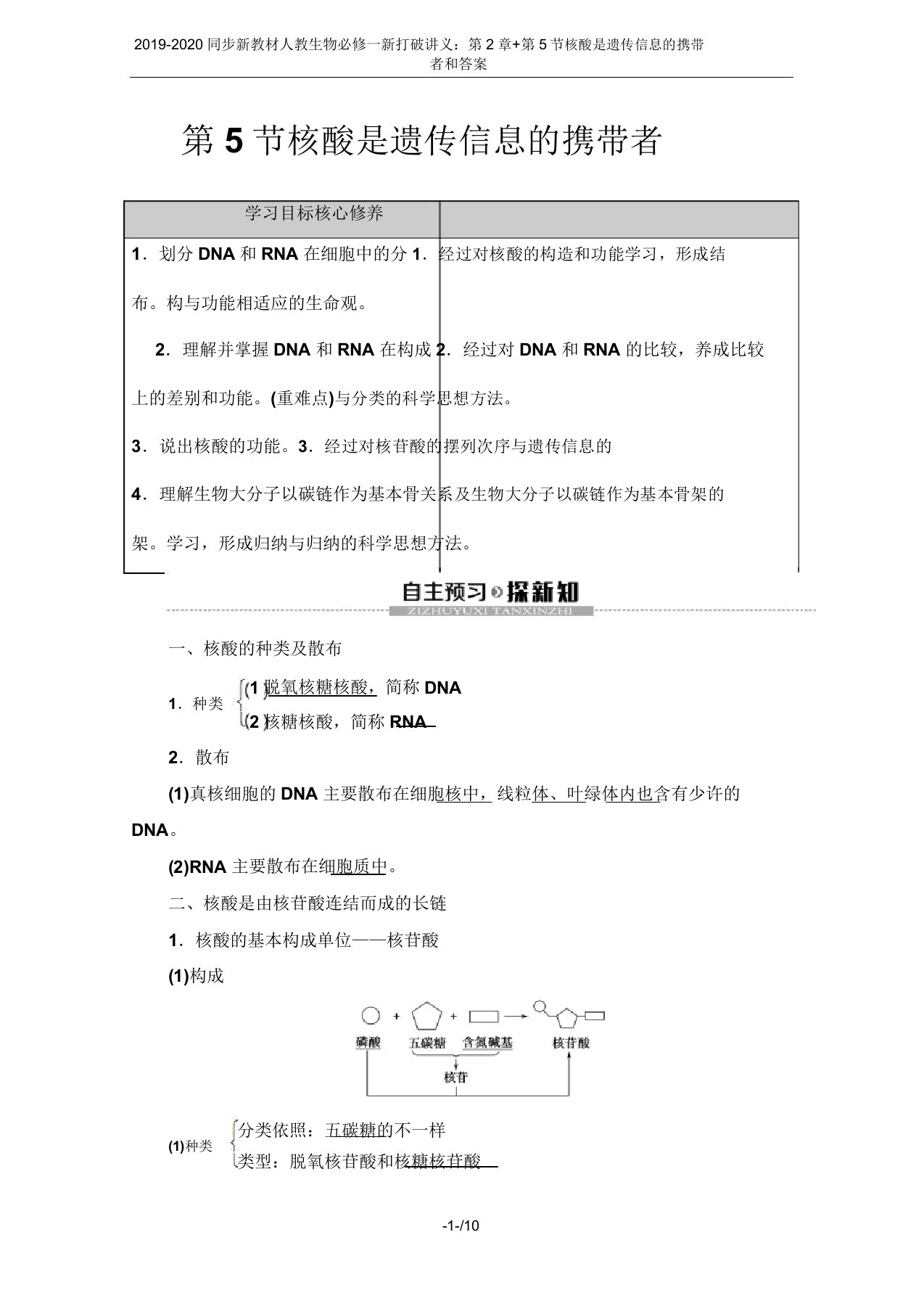 2019-2020同步新教材人教生物必修一新突破讲义：第2章+第5节核酸是遗传信息的携带者和答案