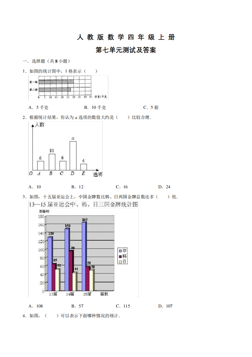 人教版数学四年级上册第七单元测试题(含答案)