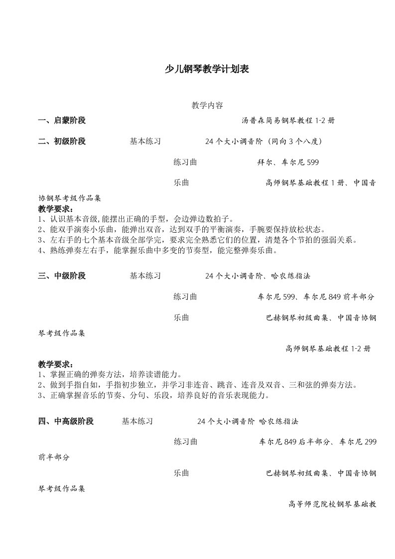 少儿钢琴教学计划表