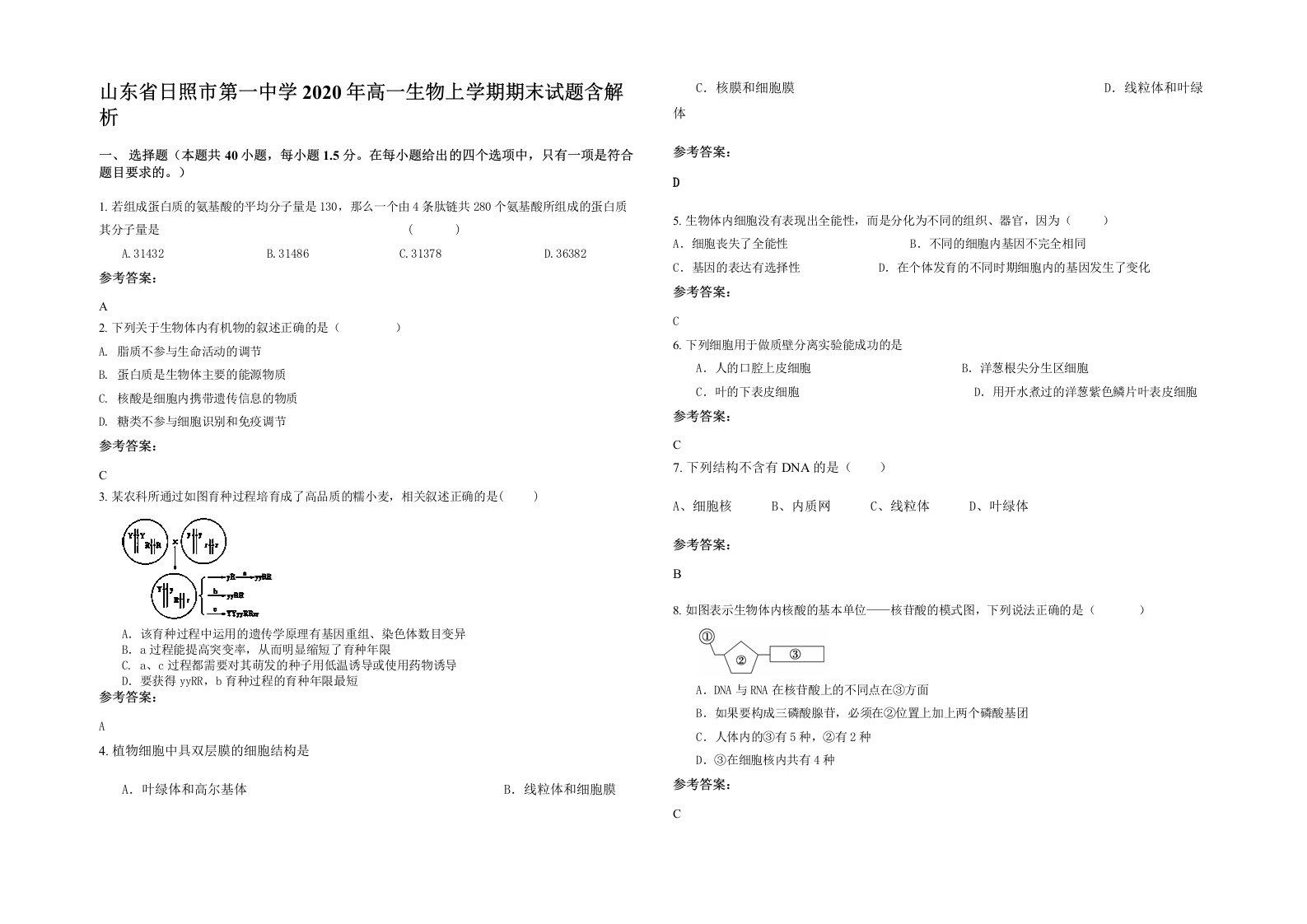 山东省日照市第一中学2020年高一生物上学期期末试题含解析