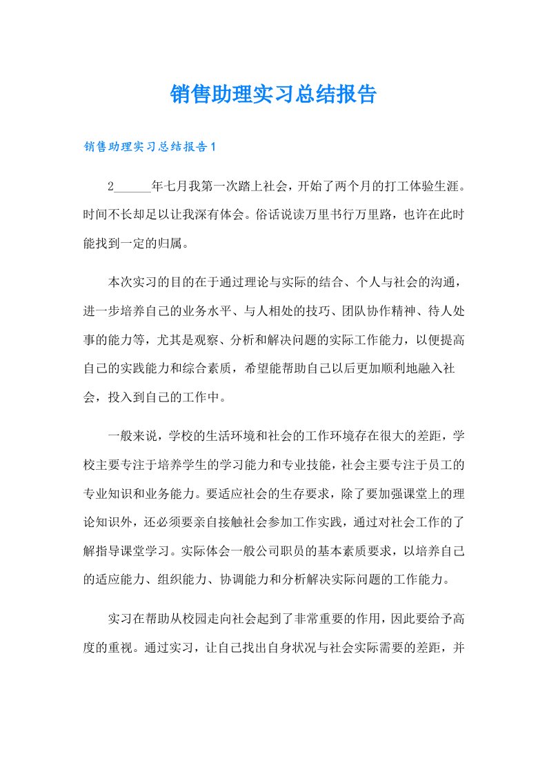 （精编）销售助理实习总结报告