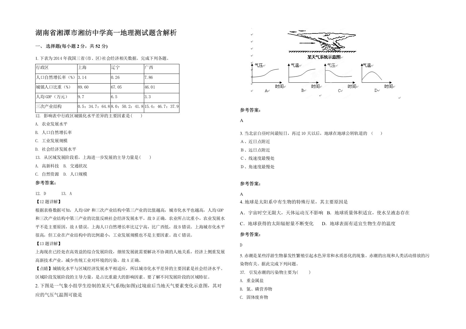 湖南省湘潭市湘纺中学高一地理测试题含解析