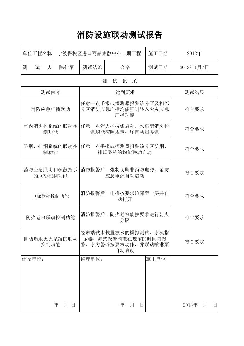 消防设施联动测试报告