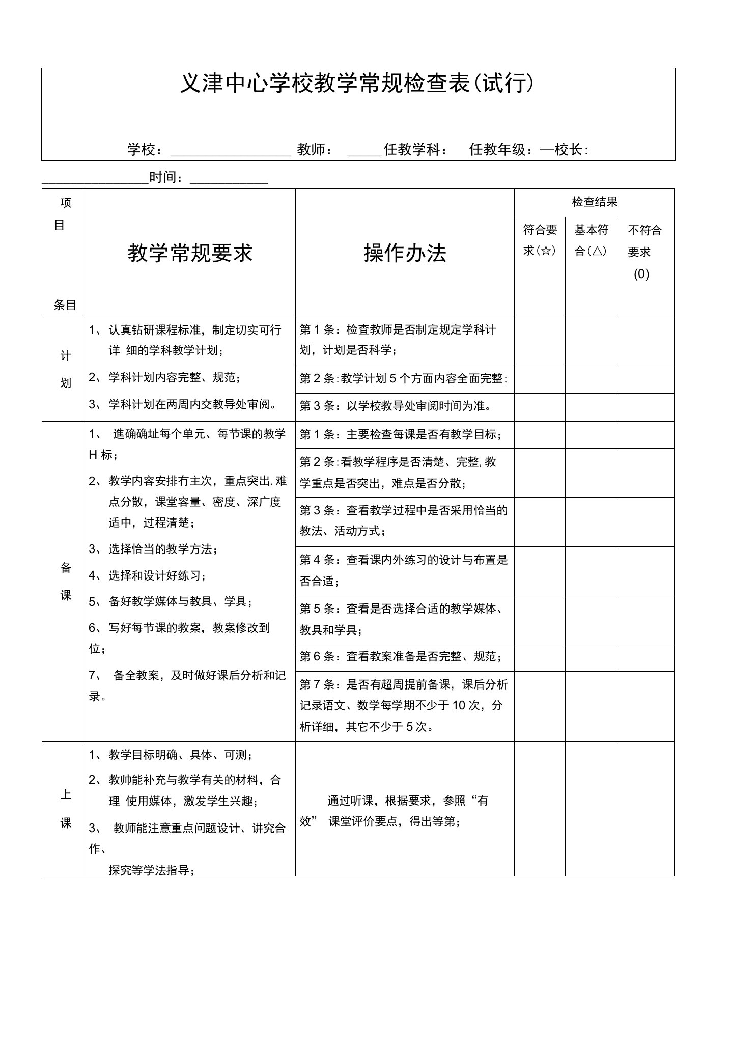 义津中心学校教学常规检查表