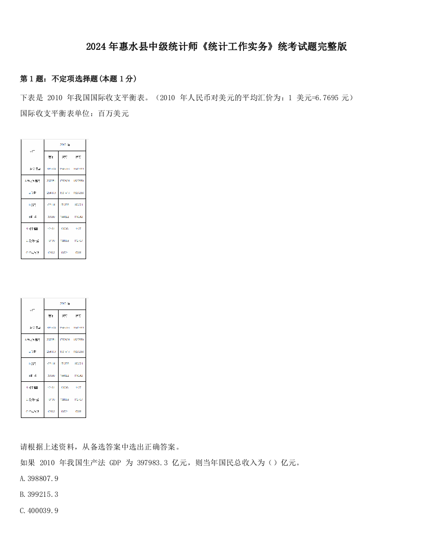 2024年惠水县中级统计师《统计工作实务》统考试题完整版