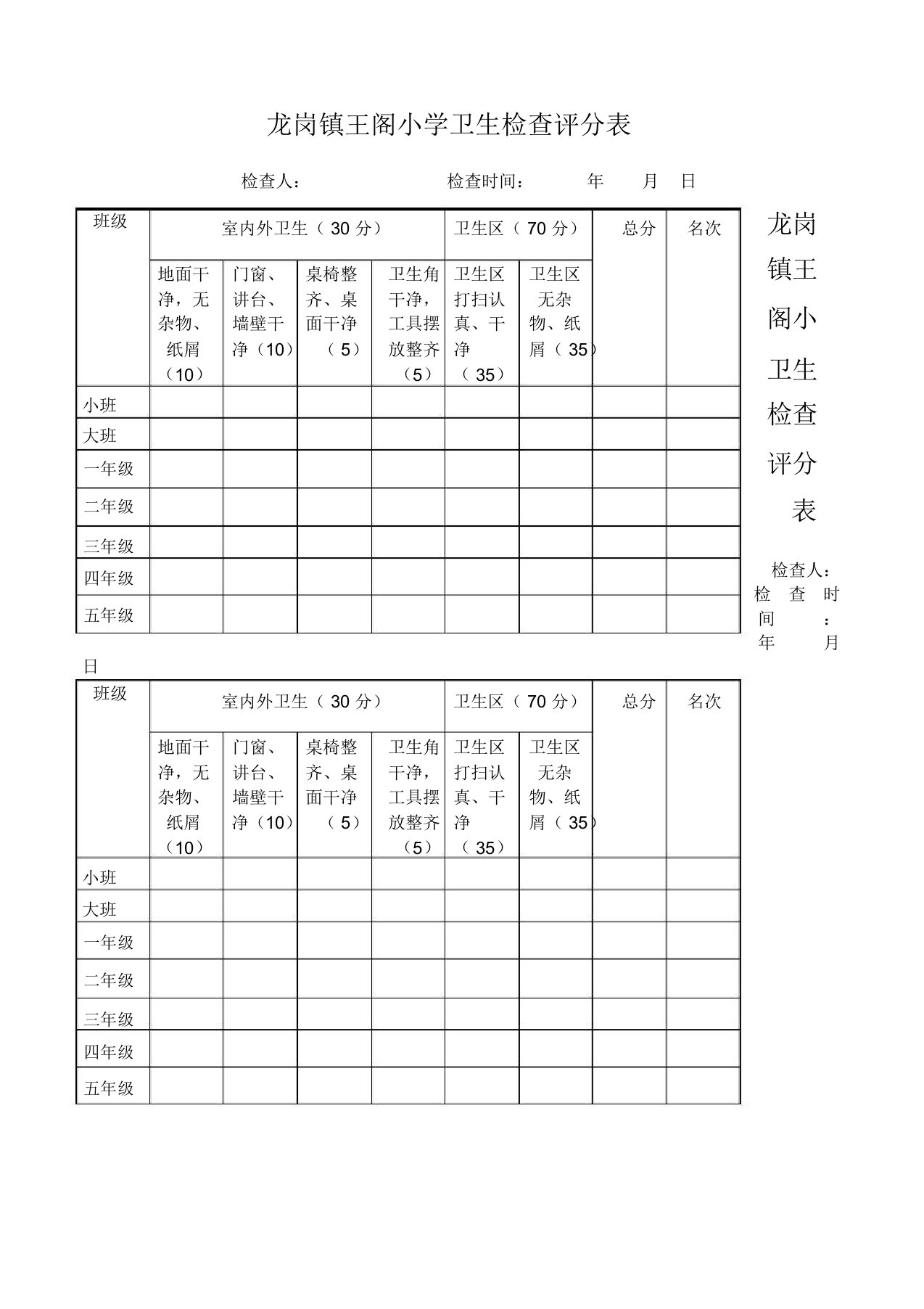 小学卫生检查评分表