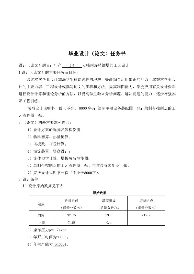 毕业设计（论文）-年产量为54万吨丙烯的精馏工艺装置设计