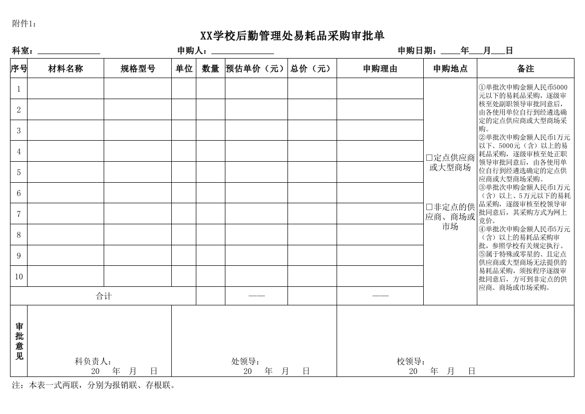 XX学校后勤管理处易耗品采购审批单