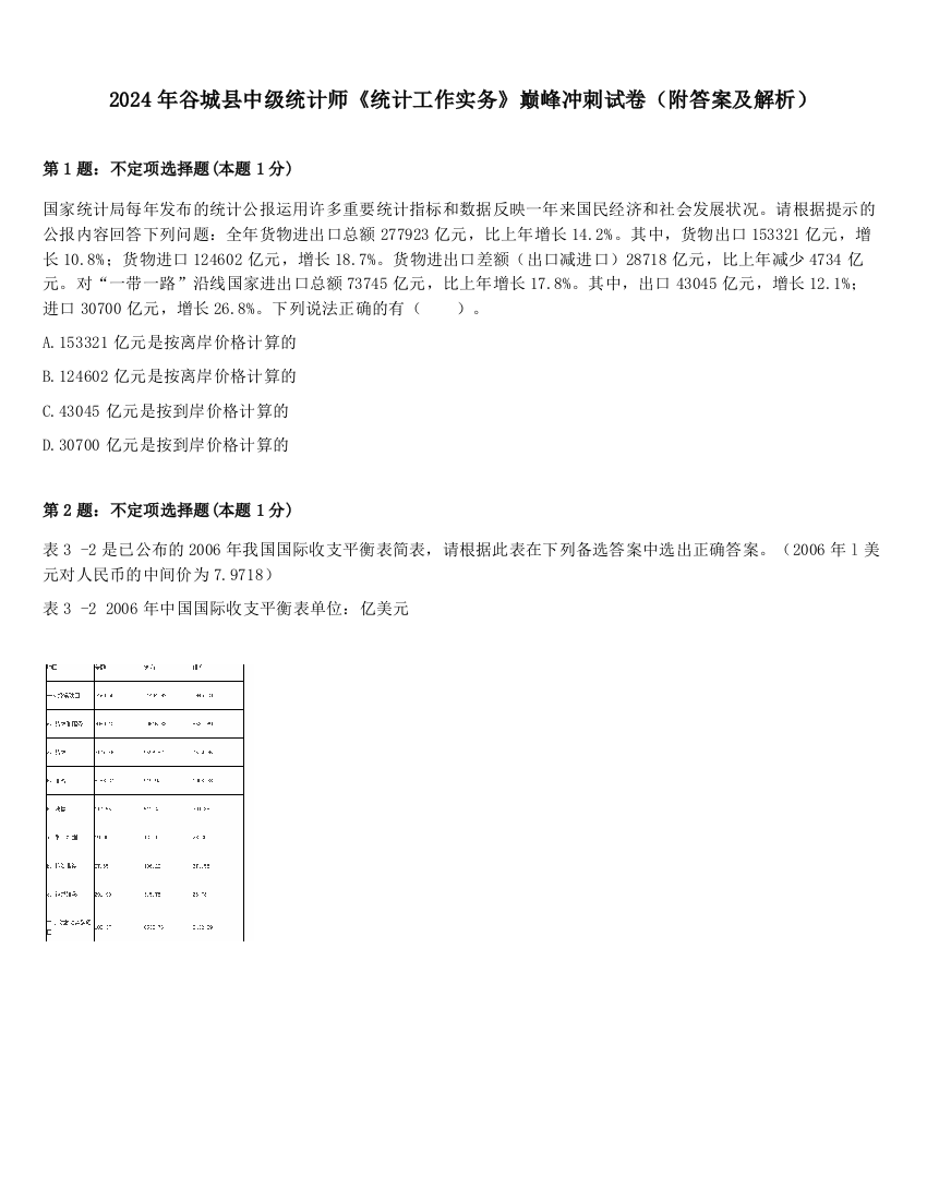 2024年谷城县中级统计师《统计工作实务》巅峰冲刺试卷（附答案及解析）