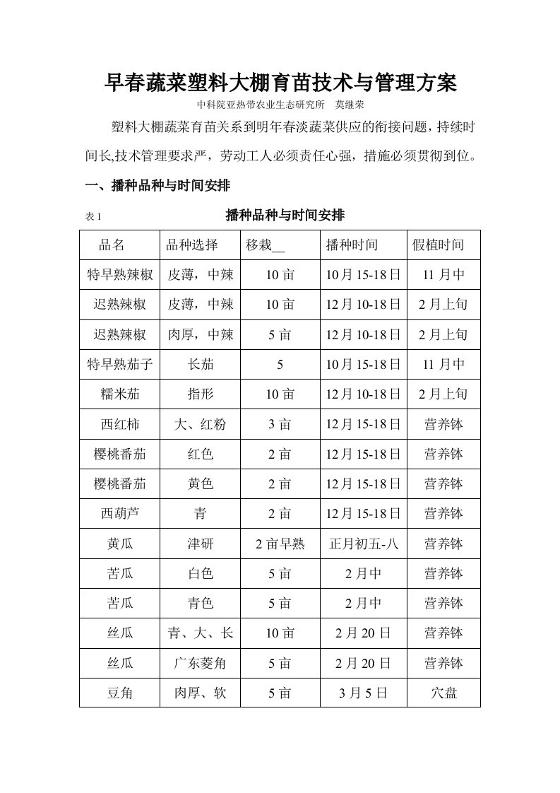 塑料大棚早春蔬菜育苗技术与管理方案