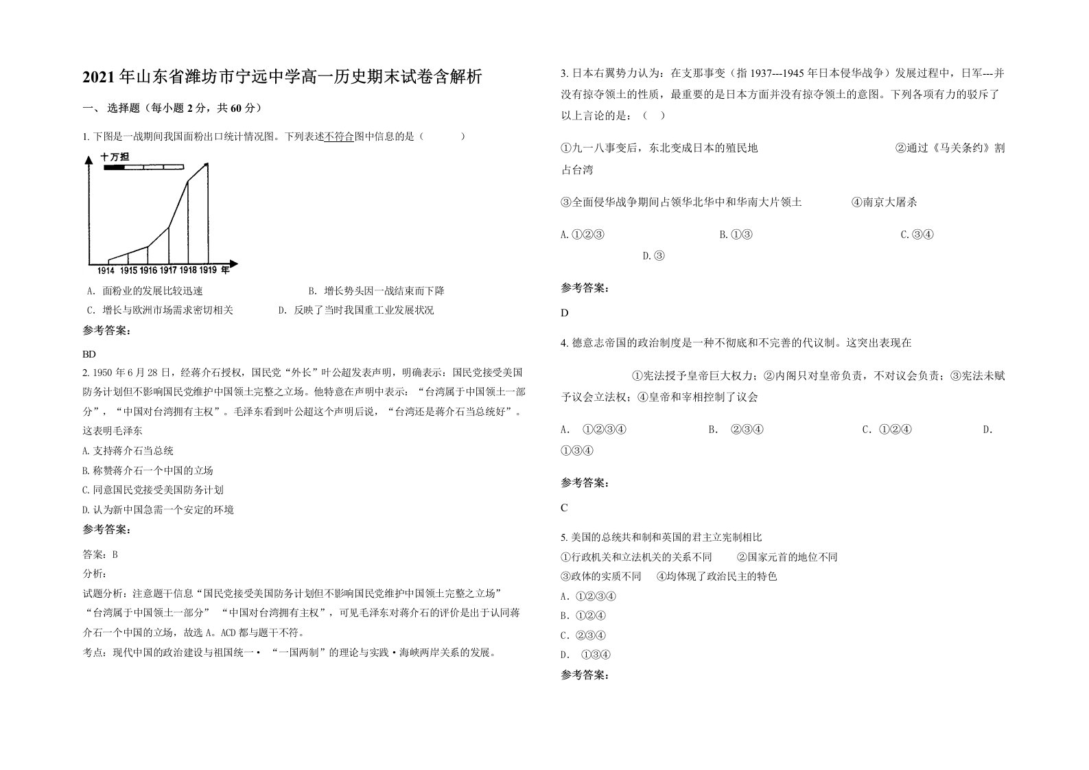 2021年山东省潍坊市宁远中学高一历史期末试卷含解析