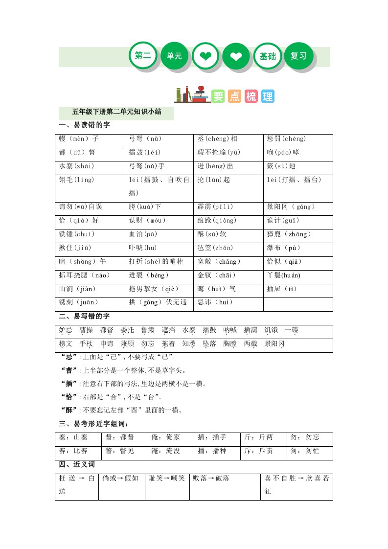 第二单元（讲义+检测）-2022-2023学年五年级语文下册单元复习讲义（部编版）