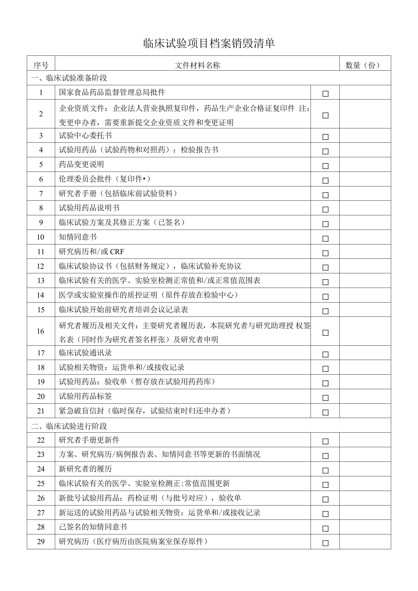 临床试验项目档案销毁清单