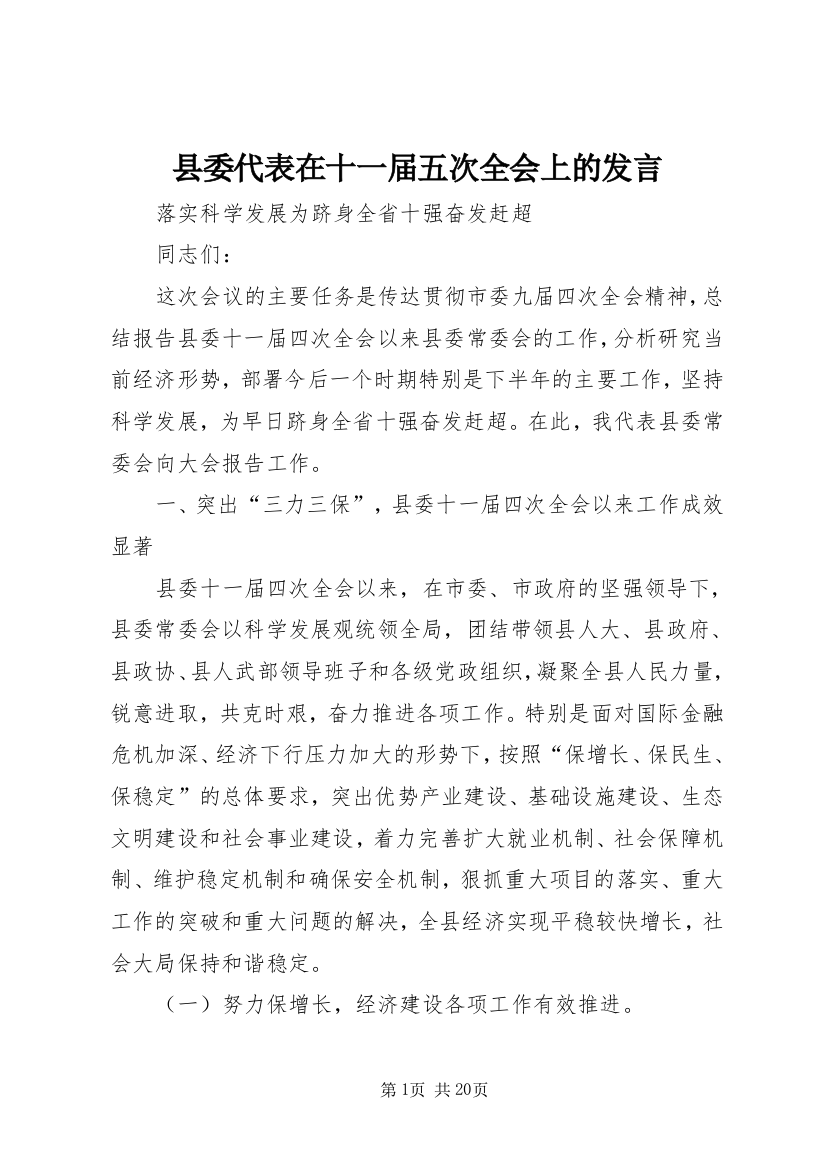 县委代表在十一届五次全会上的发言