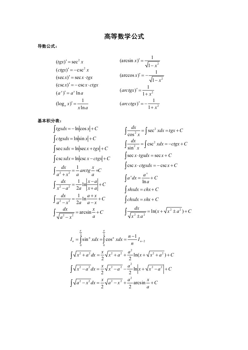 高等数学公式-考试倍儿好使
