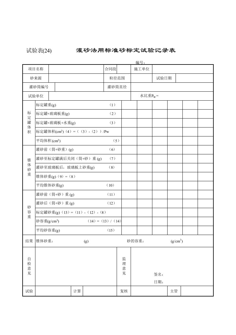 标准砂标定试验记录表（灌砂法用）