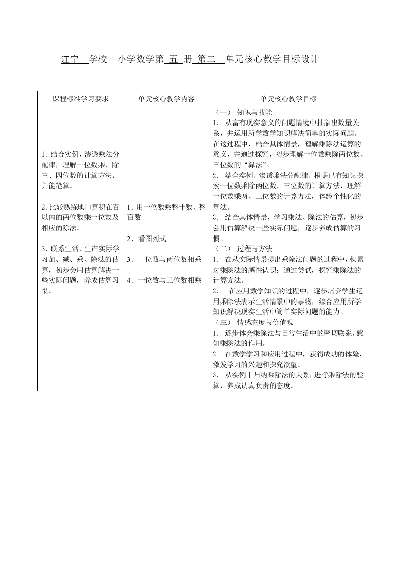 江宁学校小学数学第五册第二单元核心教学目标设计