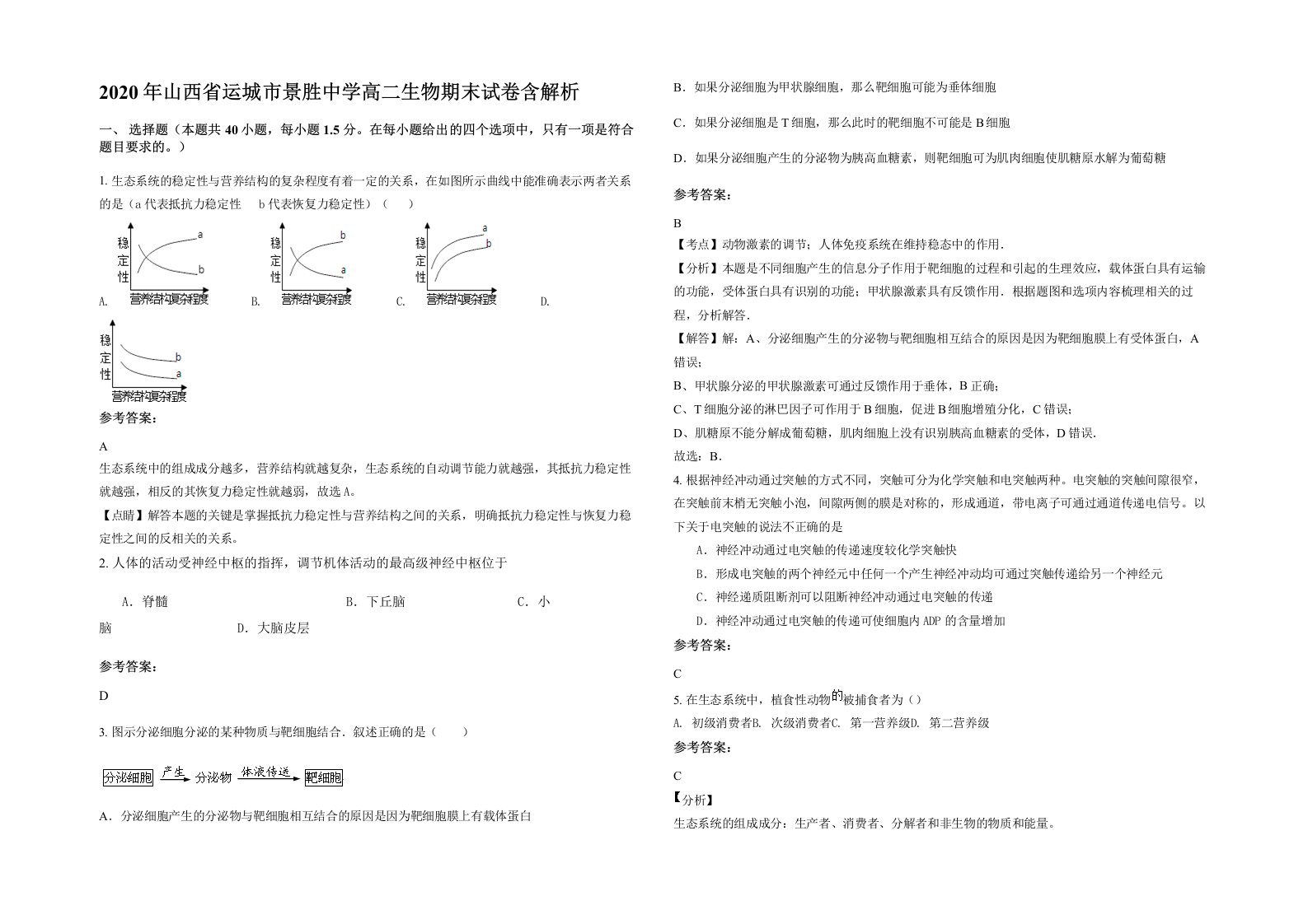 2020年山西省运城市景胜中学高二生物期末试卷含解析