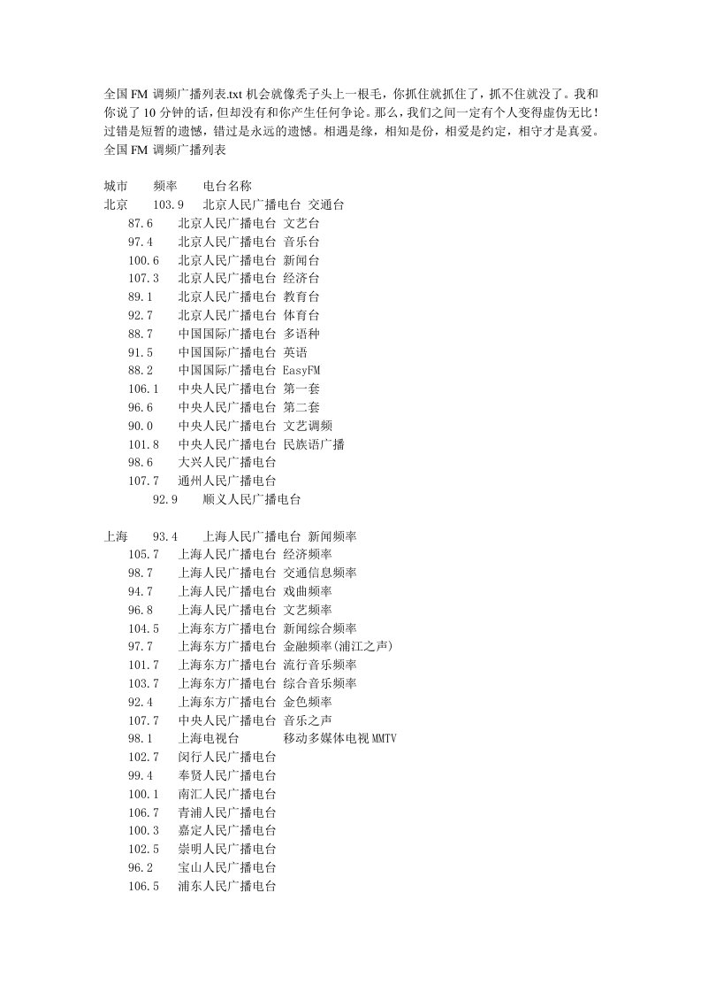 全国FM调频广播列表