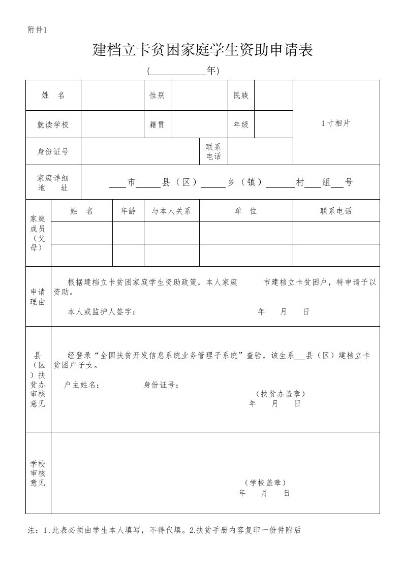 建档立卡贫困家庭学生资助申请表