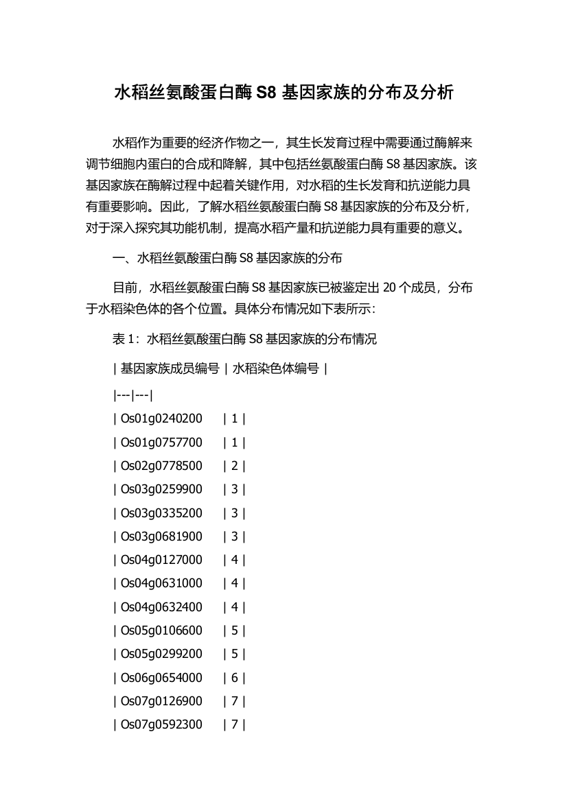 水稻丝氨酸蛋白酶S8基因家族的分布及分析