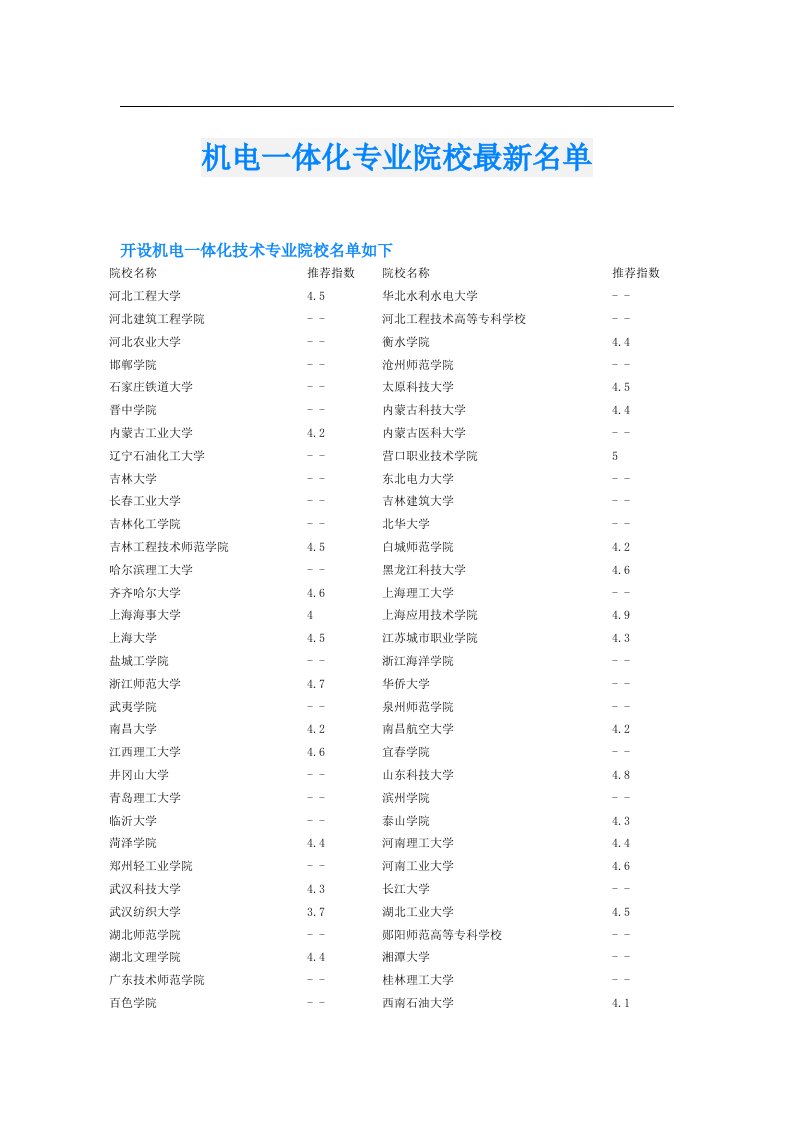 机电一体化专业院校最新名单