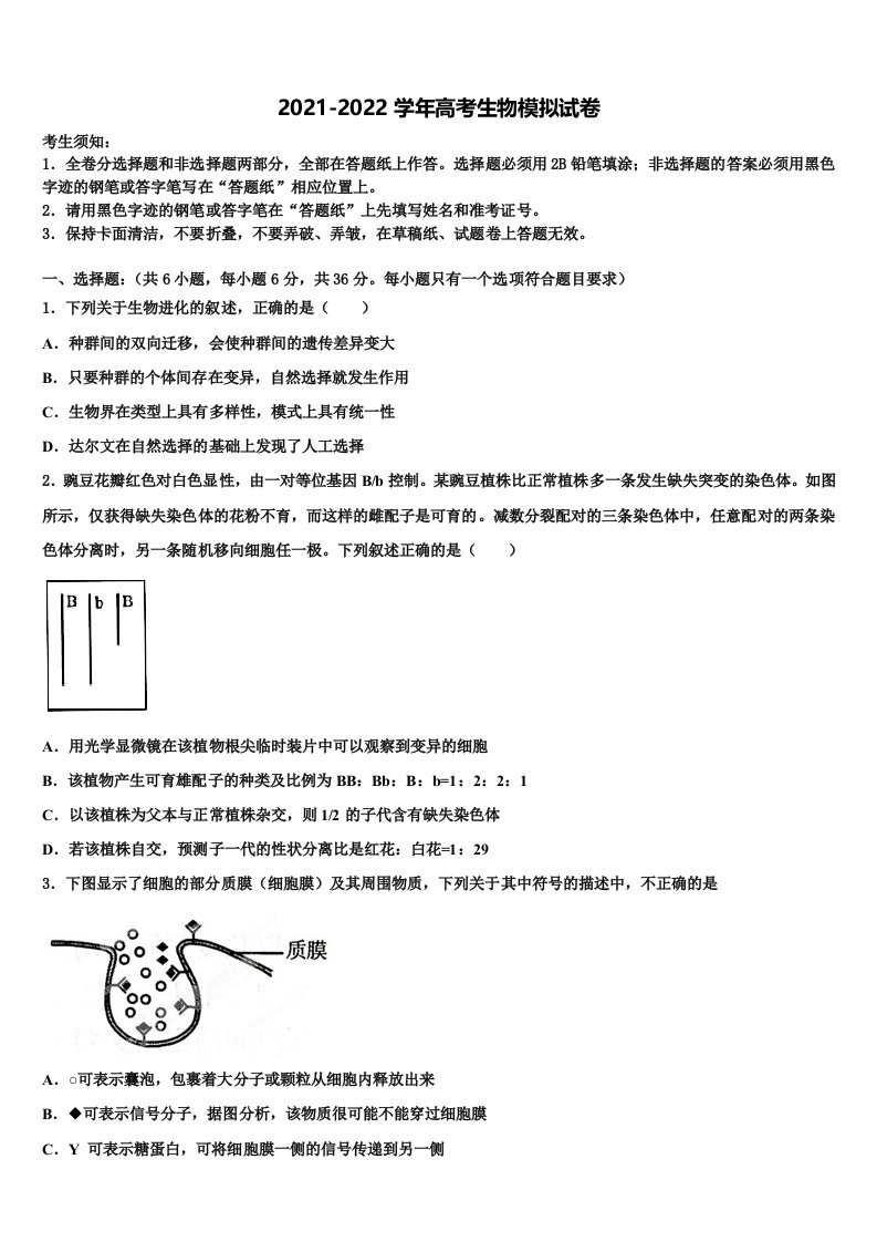 2021-2022学年陕西省西安市远东第一中学高三第二次诊断性检测生物试卷含解析