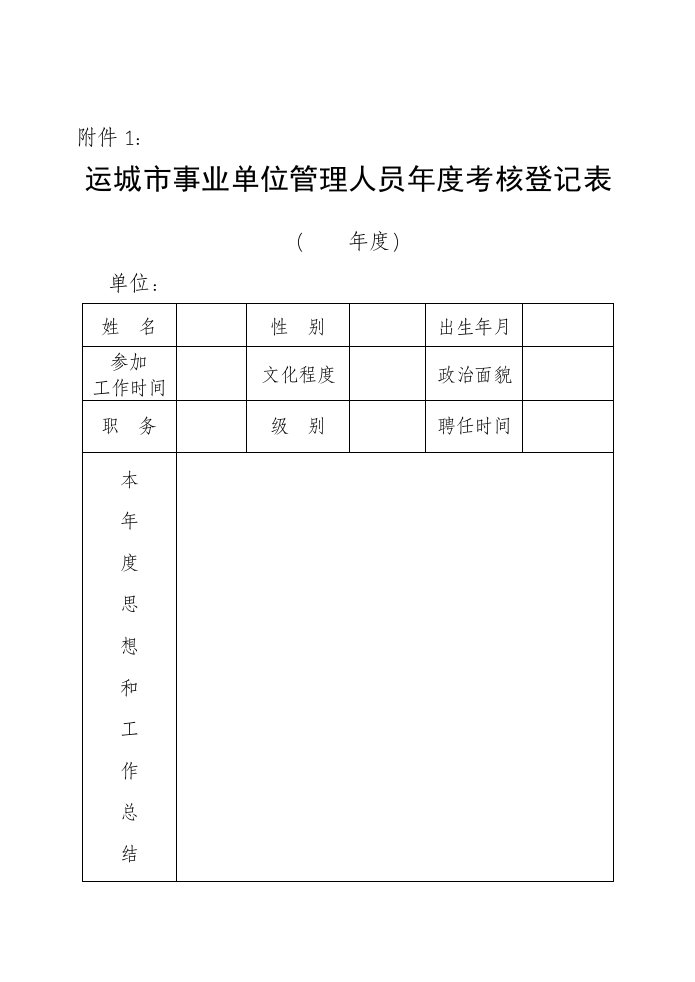 事业单位管理人员年度考核登记表