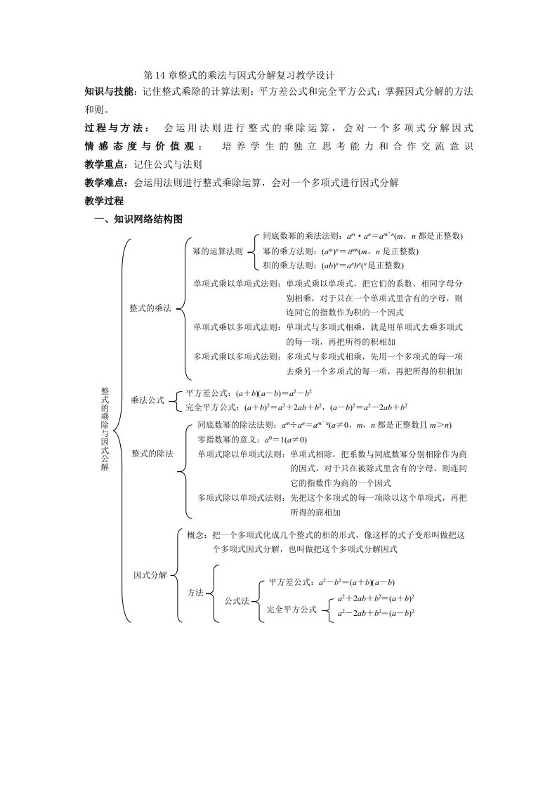 数学人教版八年级上册整式的乘法与因式分解复习教学设计