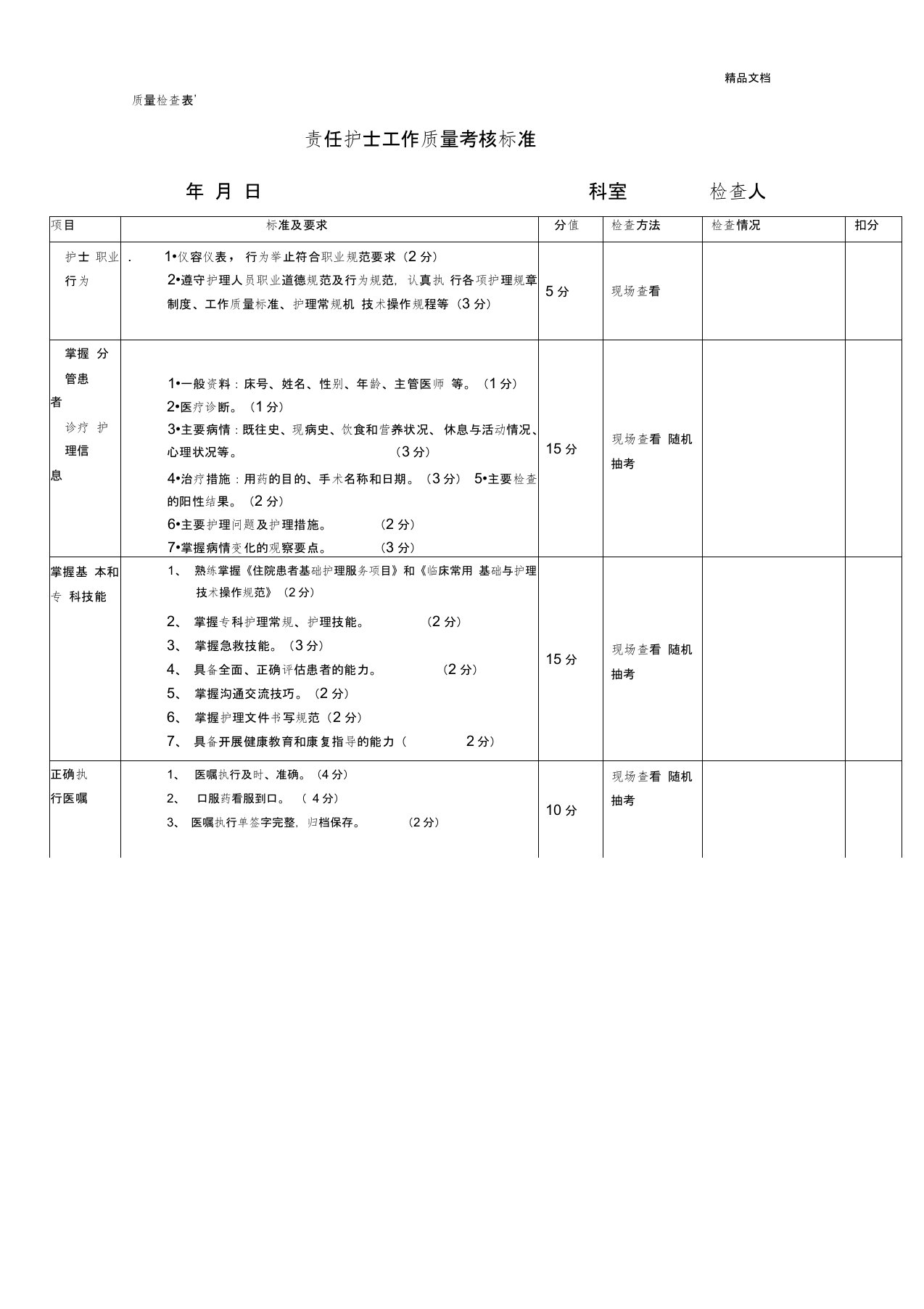 护理质量检查表模版