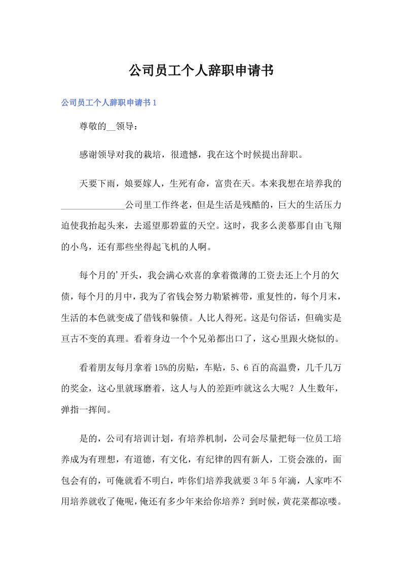 公司员工个人辞职申请书