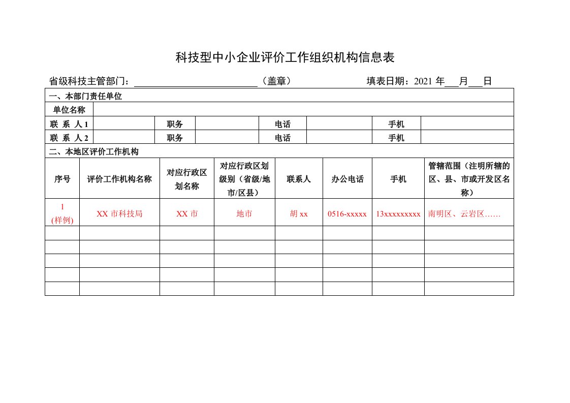 科技型中小企业评价工作组织机构信息表