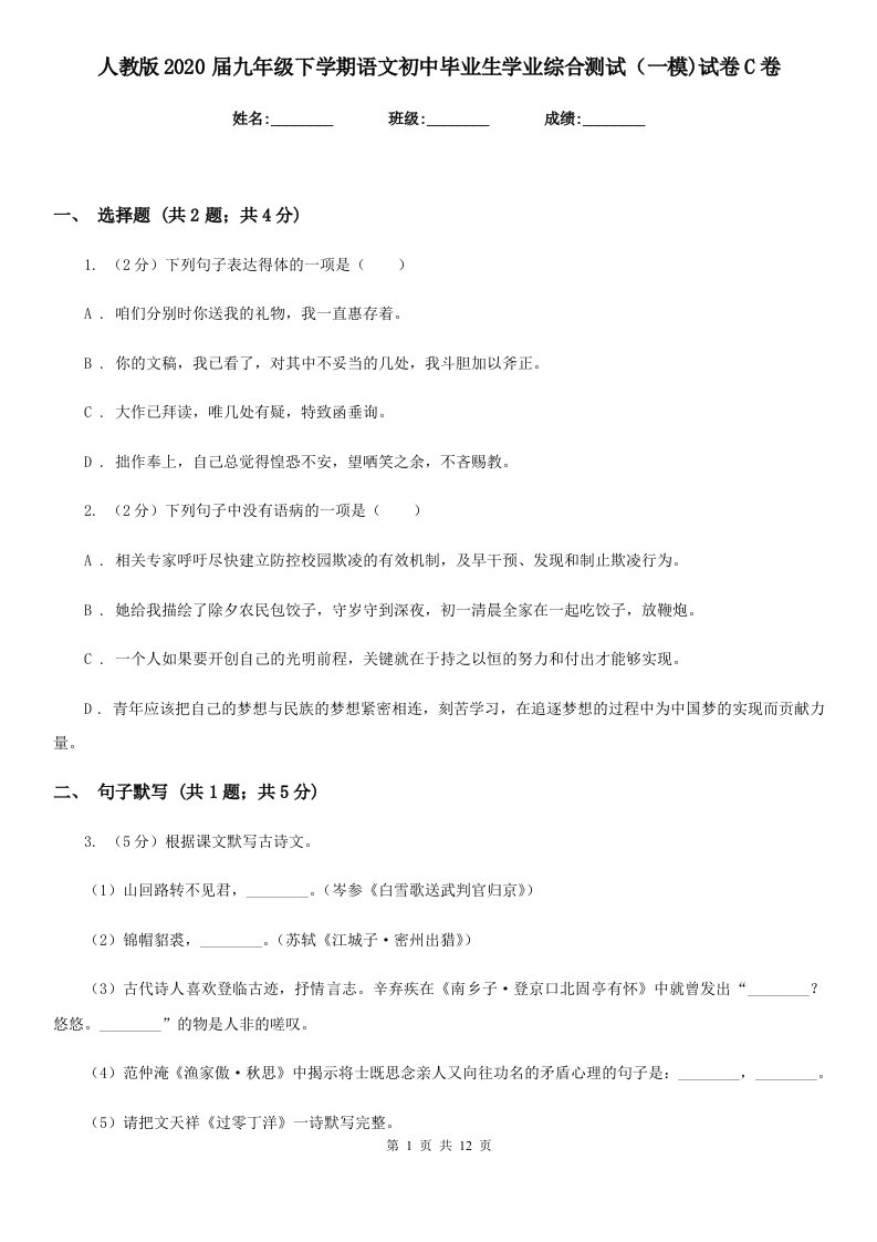 人教版2020届九年级下学期语文初中毕业生学业综合测试（一模)试卷C卷