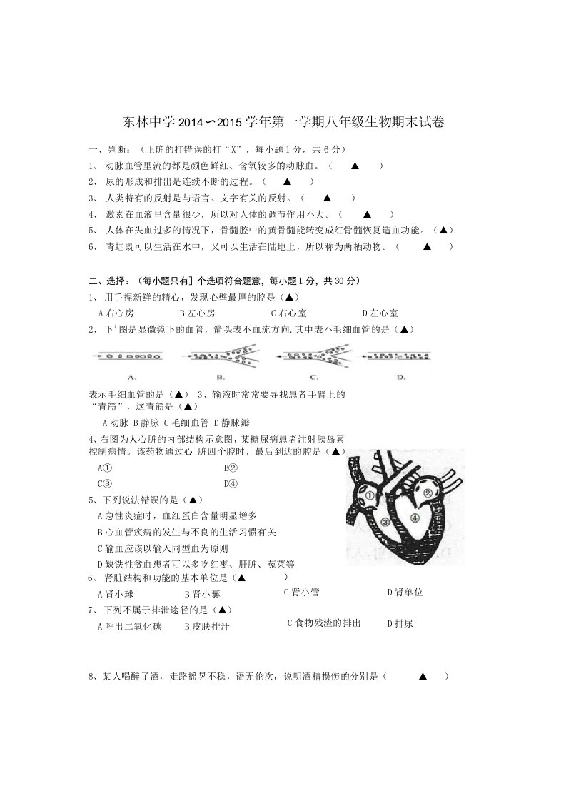 江苏省无锡市东林中学八年级生物上学期期末考试试题新人教版