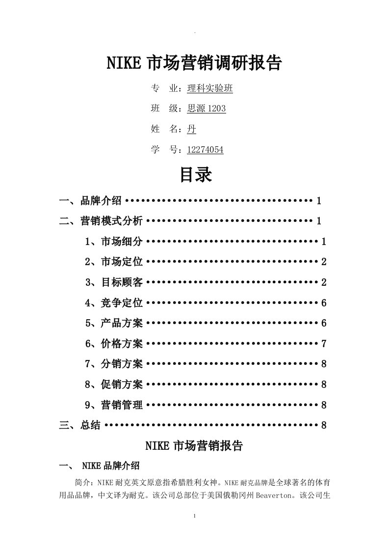 耐克市场营销调查研究报告