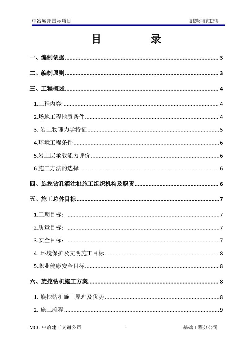 中冶城邦国际项目旋挖灌注桩施工方案