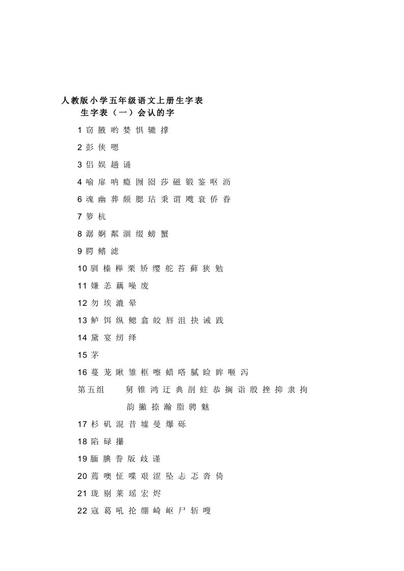 人教版小学语文五年级上册生字表