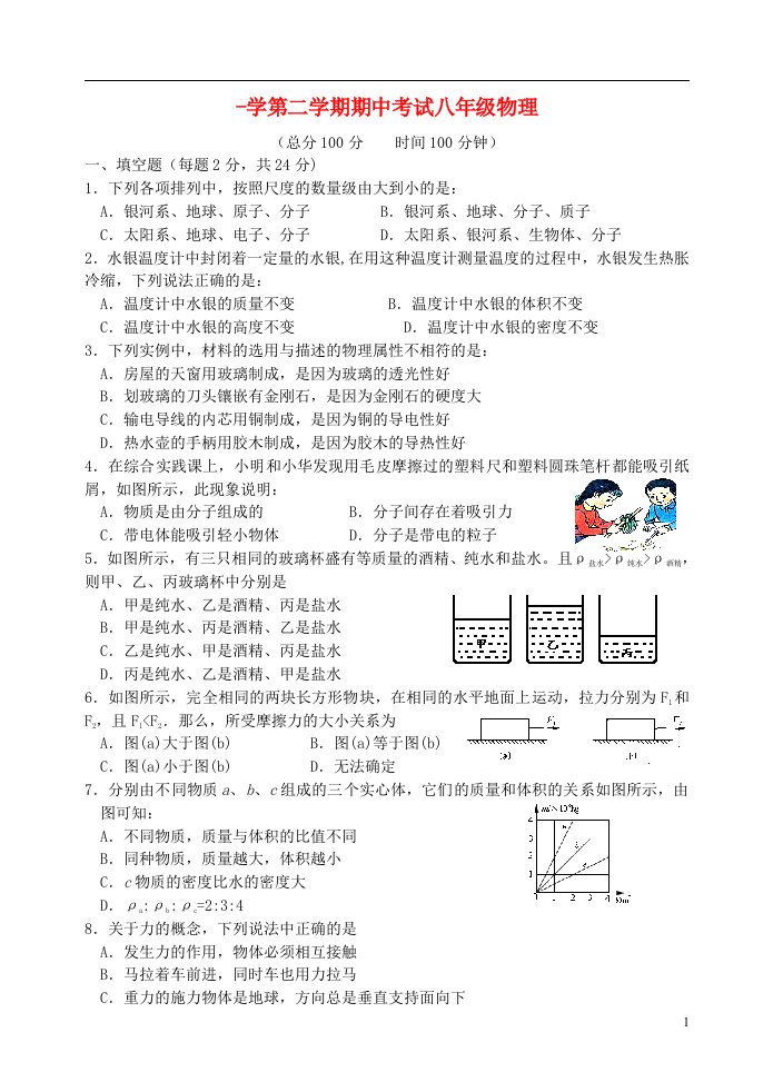 江苏省扬州市扬州大学附属中学八级物理下学期期中试题