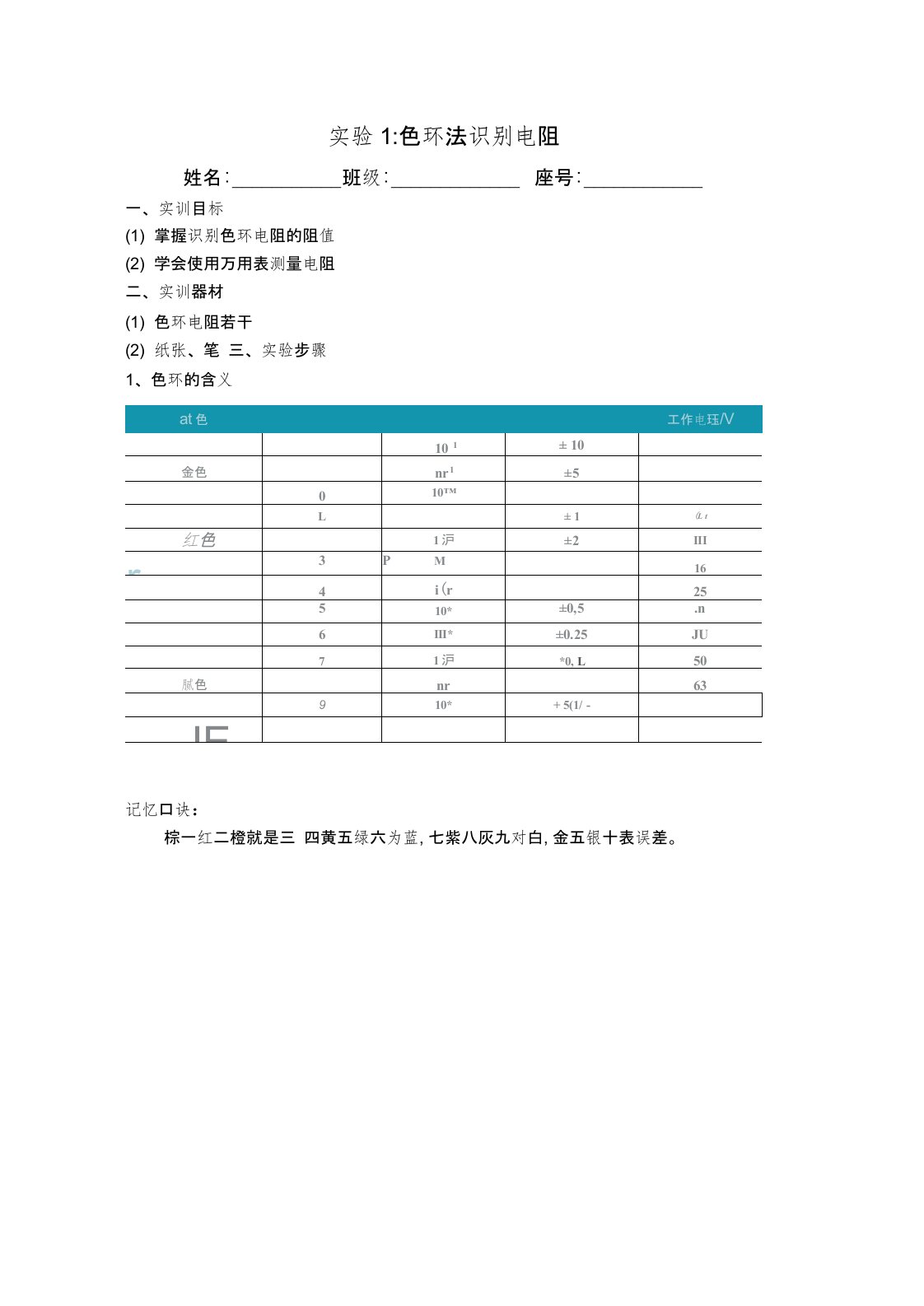 实验1色环法识别电阻