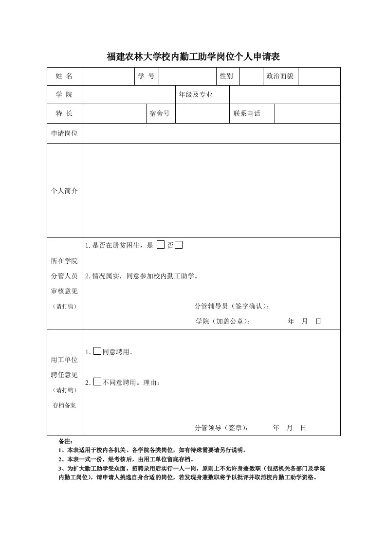 福建农林大学校内勤工助学岗位个人申请表