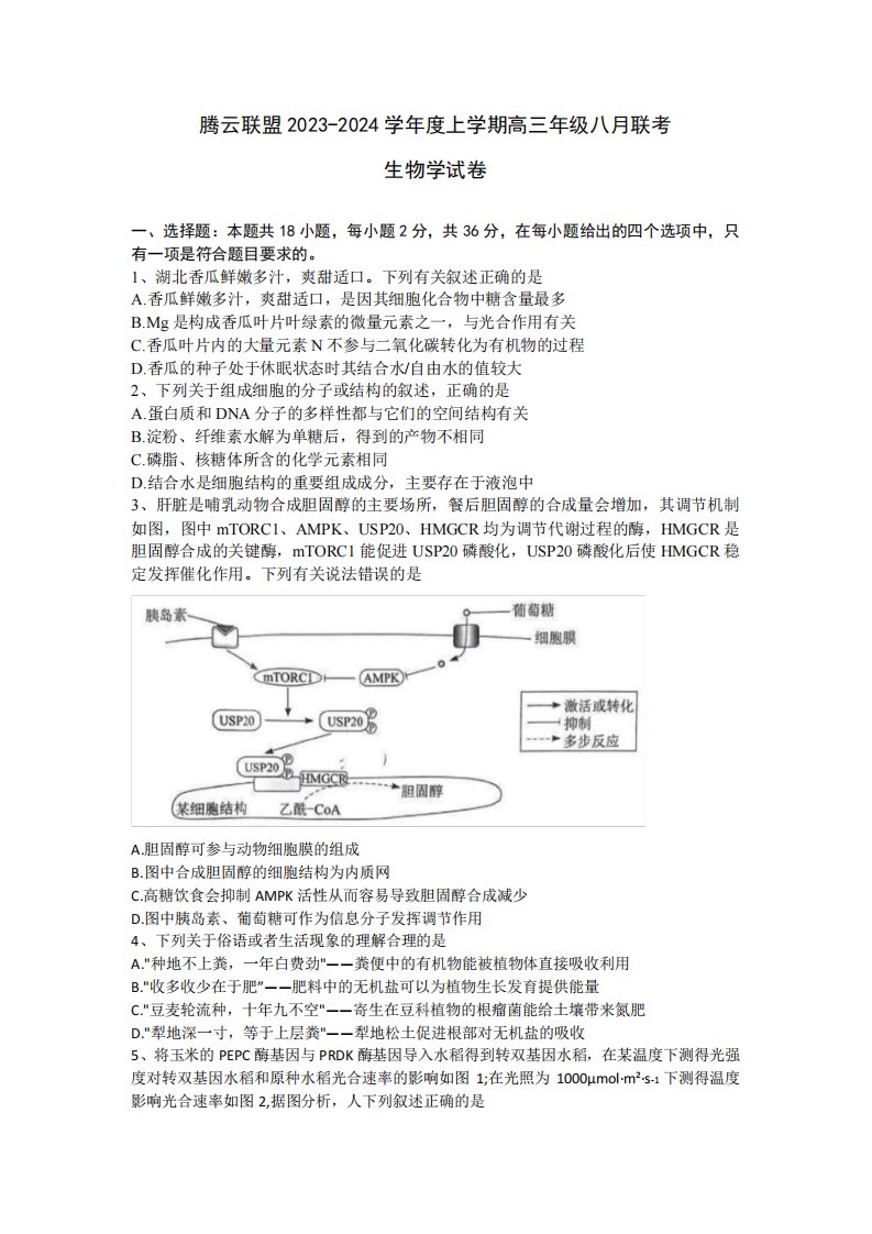 2024学年度上学期高三年级八月联考生物学试卷