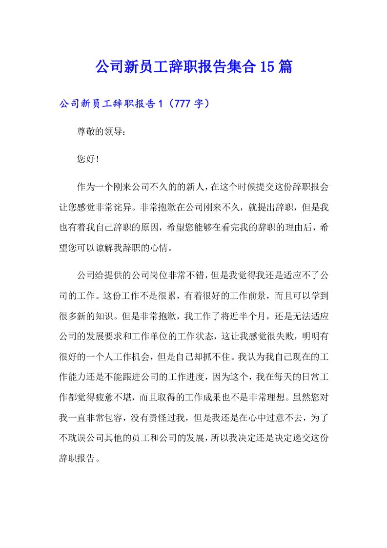 公司新员工辞职报告集合15篇