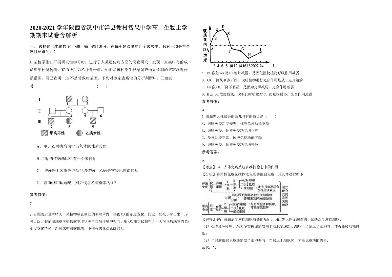 2020-2021学年陕西省汉中市洋县谢村智果中学高二生物上学期期末试卷含解析