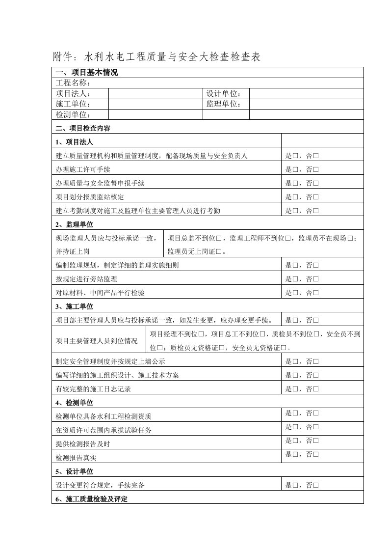 水利水电工程质量与安全大检查检查表