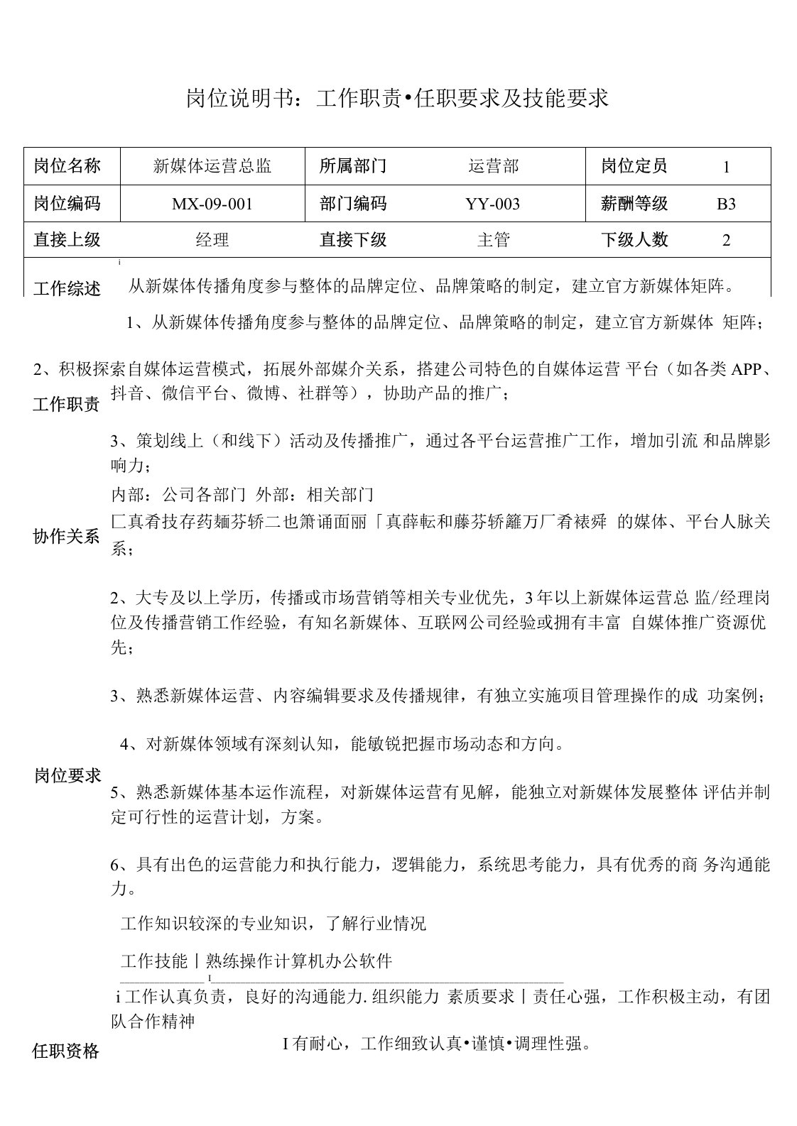 新媒体运营总监岗位说明书工作职责和任职要求