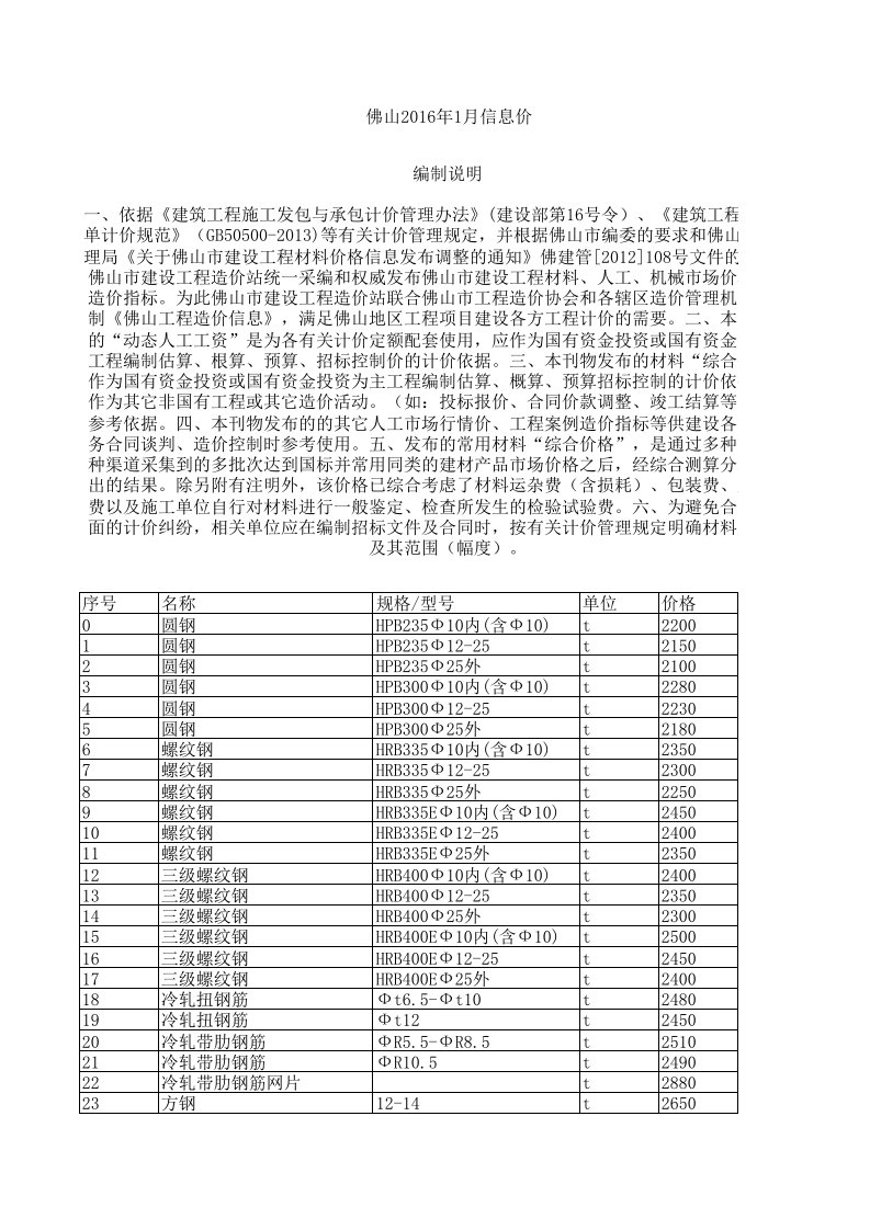 佛山2016年1月建设工程材料信息价