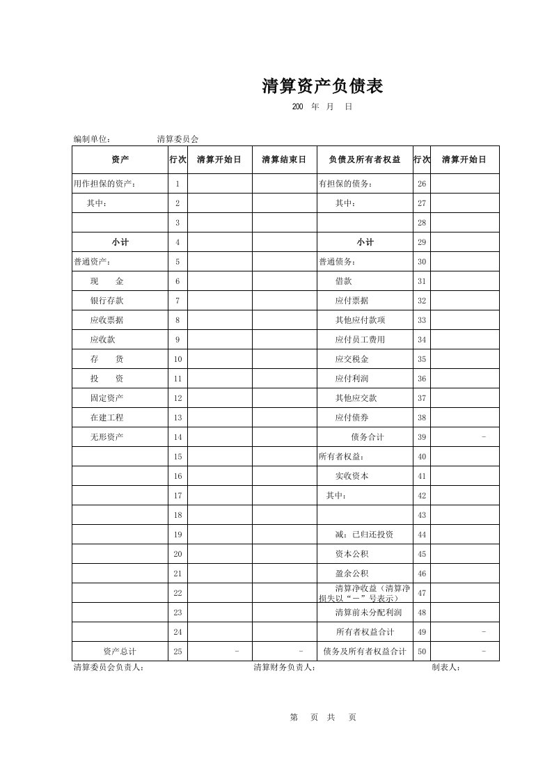 企业清算会计报表